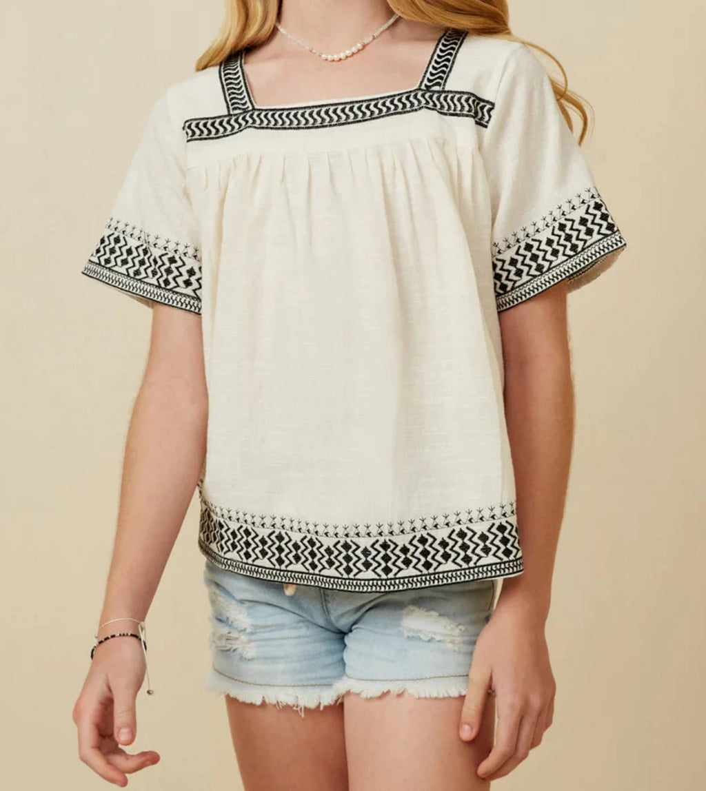 Avery Girls Cotton Slub Textured Embroidered Square Neck Top