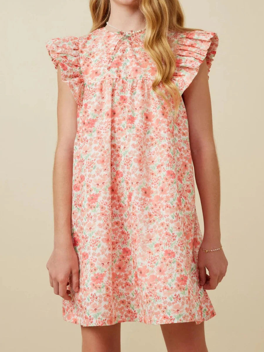 Eleanor Girls Ditsy Floral Tie Detail Ruffled Puff Sleeve Dress