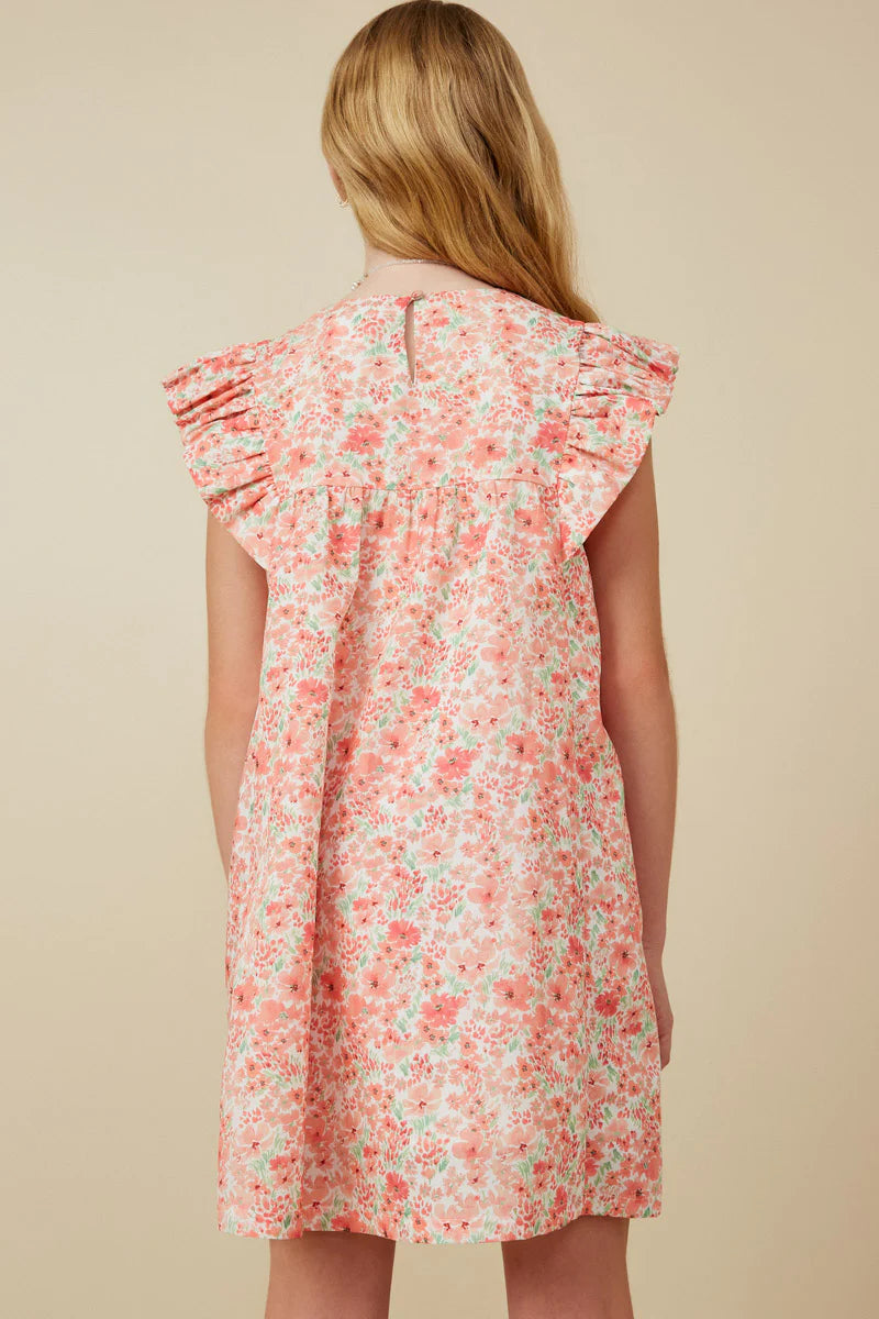 Eleanor Girls Ditsy Floral Tie Detail Ruffled Puff Sleeve Dress