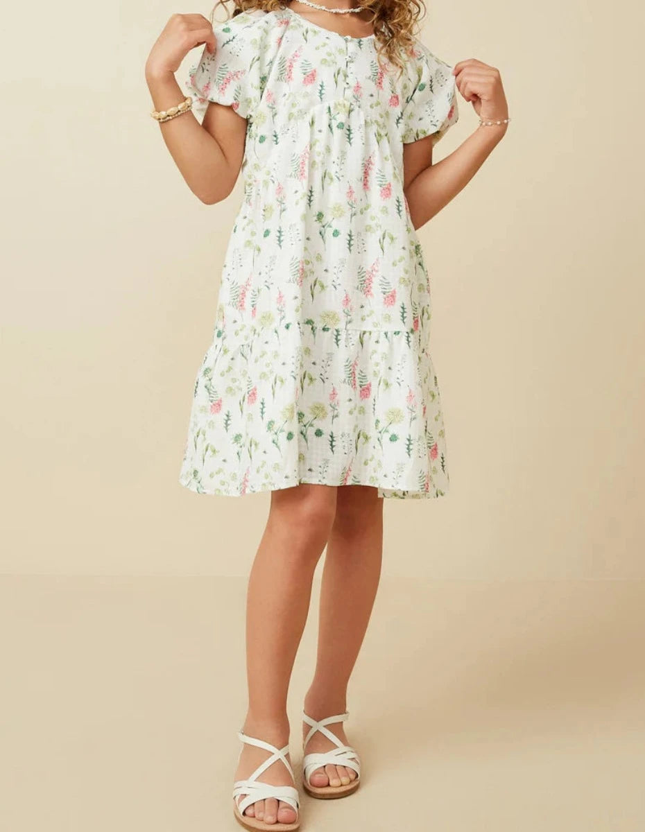 Emily Girls Textured Floral Button Detail Bubble Sleeve Dress