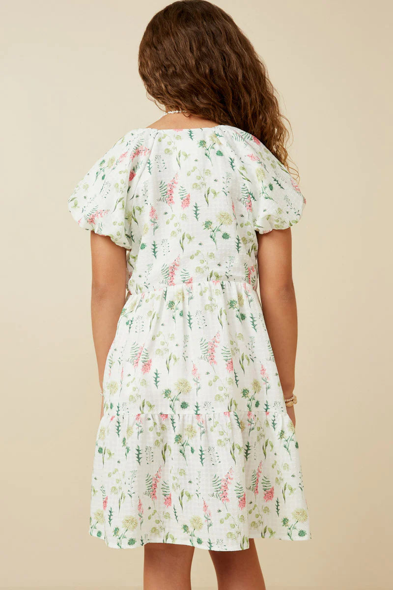 Emily Girls Textured Floral Button Detail Bubble Sleeve Dress