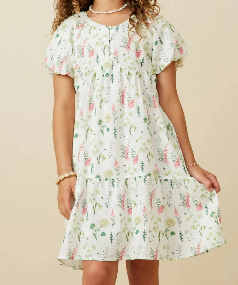 Emily Girls Textured Floral Button Detail Bubble Sleeve Dress